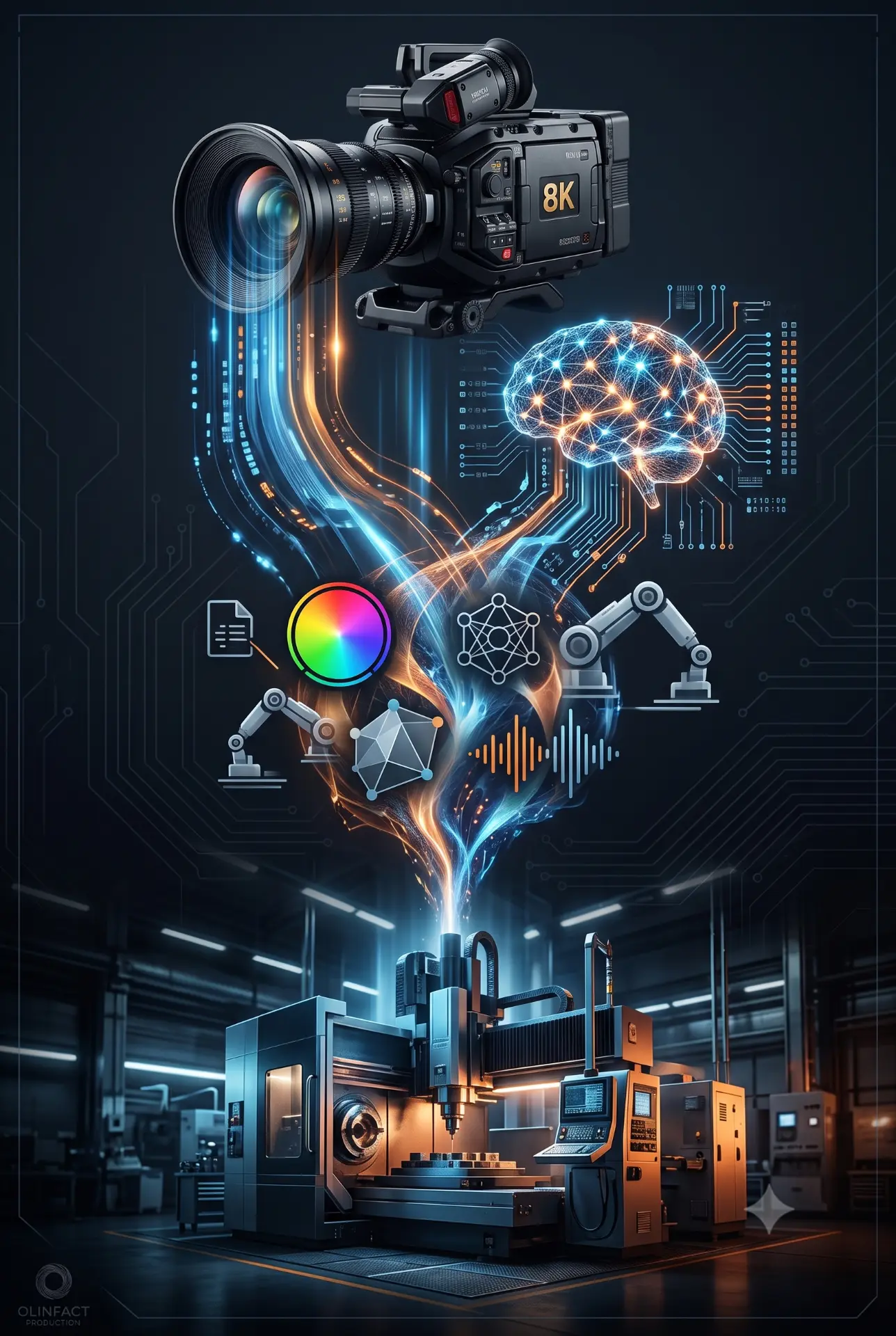 Illustration IA générative : caméra 8K, réseau neuronal et production industrielle